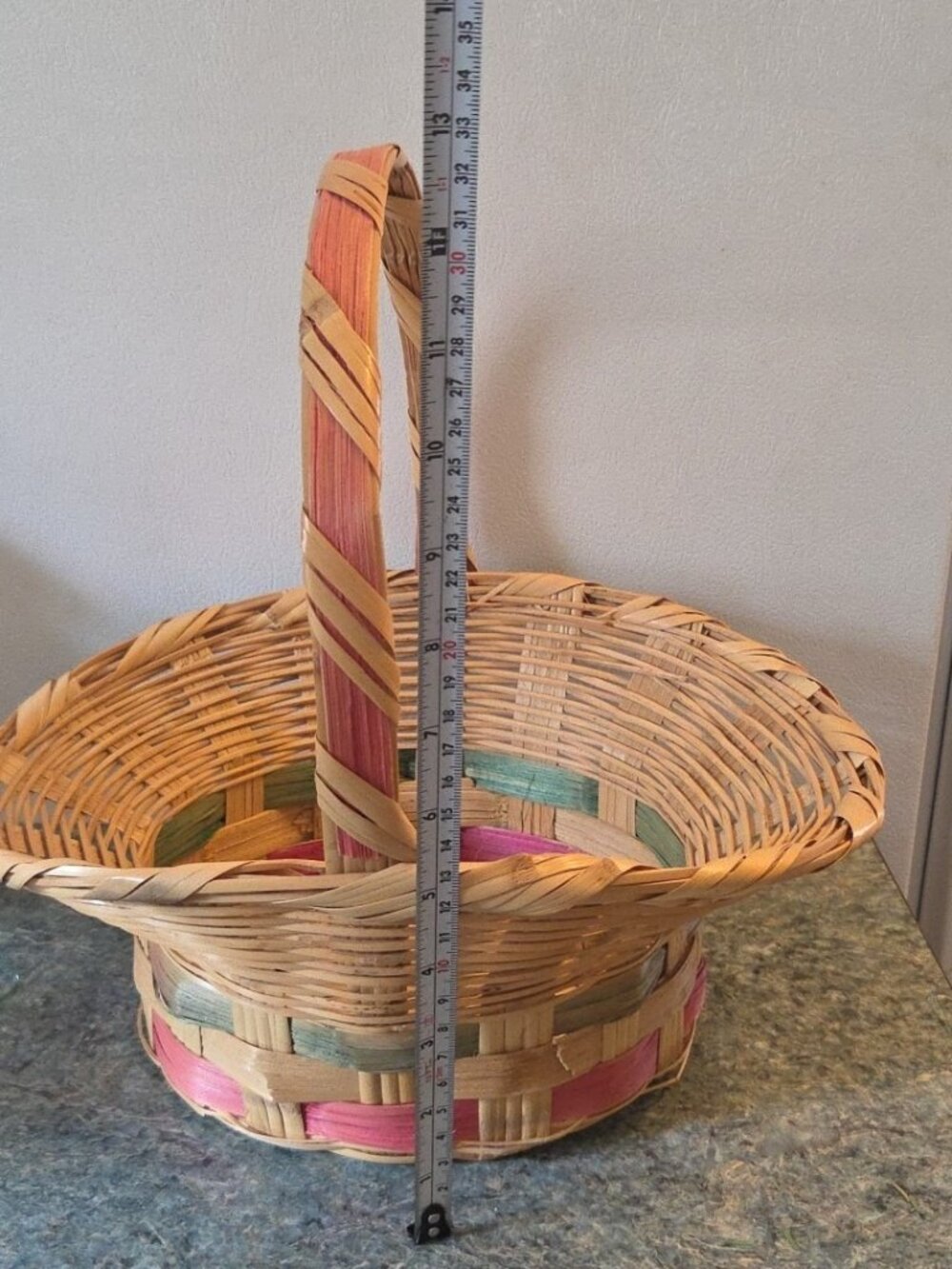 Vintage Easter Bonnet Basket Woven Wicker Pink and Green Bands Mexico - Picture 8 of 12